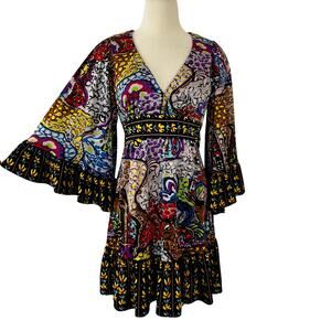Betsey Johnson Vintage Bambi Printed Surplice Mini Dress 90s Flared Sleeve 6